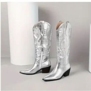 Chunky Heels Western Mid Calf Boots Women Embroider.